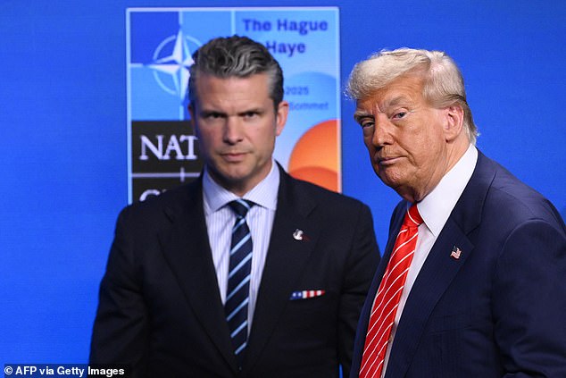 Donald Trump (pictured with US Defence Secretary Pete Hegseth) told reporters that Iran's nuclear sites had been 'obliterated' at the Nato summit. However, leaked intelligence reports suggest Iran's nuclear programme has been set back by only a few months