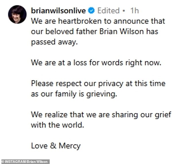 His children announced Wilson's death on the singer's official Instagram page on June 11, along with what appeared to be a recent photo