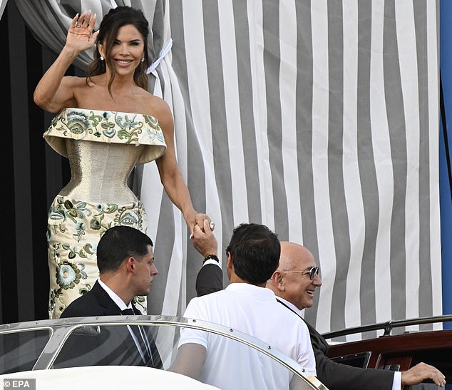 The Bezos wedding began on Thursday with the first of three days of parties in Venice (pictured: Bezos and Sanchez this afternoon)