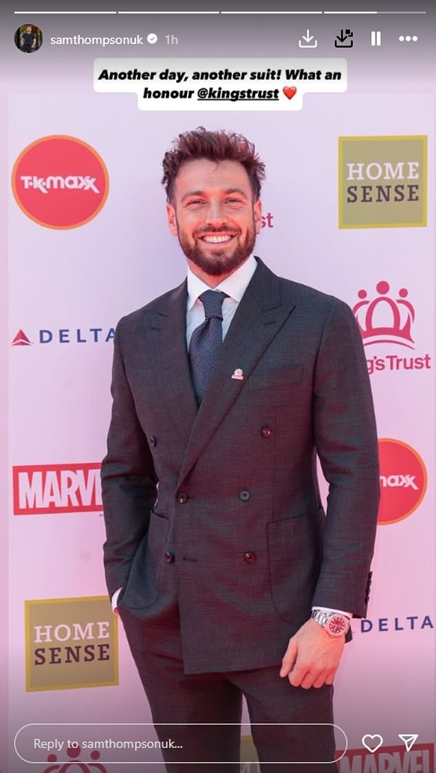 He took to his Instagram story later in the day to share a snap of himself at the event, saying: 'Another day, another suit! What an honour @kingstrust'