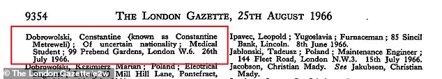 Because Constantine Dobrowolski was born abroad, there was little trace of him in Britain. That is, aside from this intriguing entry in the London Gazette