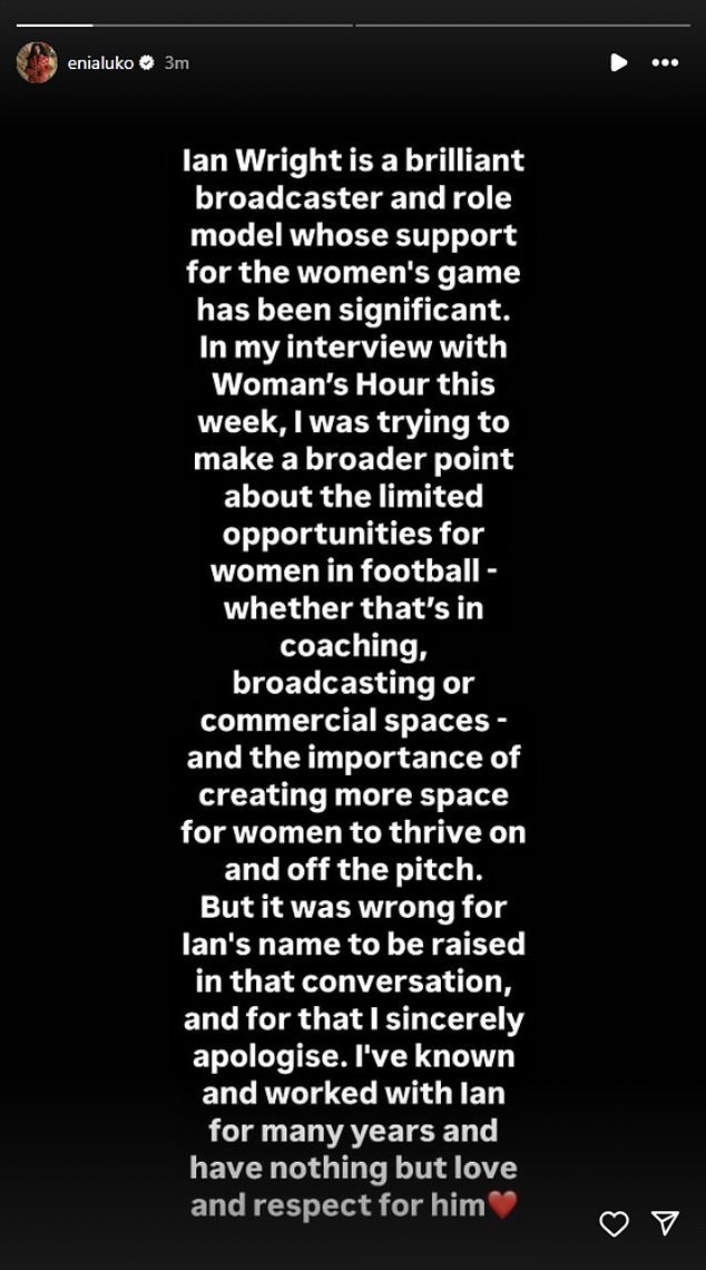 Aluko had issued a lengthy apology to Wright on social media following her comments on Women's Hour