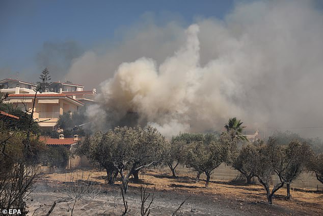 Thick smoke from a burning house fills the air as a wildfire burns in the coastal region of Palaia Fokaia, some 40km southeast of Athens, Greece, 26 June 2025