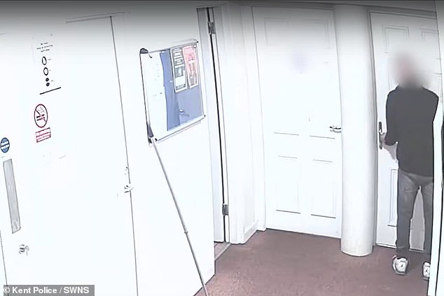 CCTV footage from before the attack shows the thug walking up a flight of stairs in the block of flats before knocking on a door and then opening it