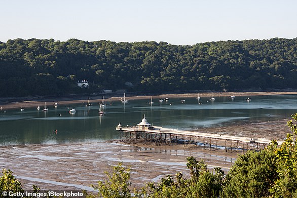 Garth pier in Bangor jutting out across the mud and sand of the Menai Strait, which separates Anglesey island from the Welsh mainland