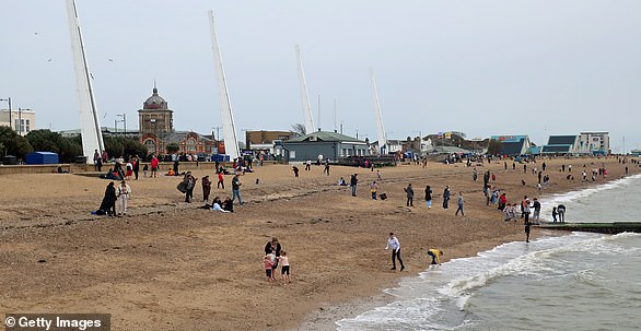 The seafront promenade and beach to the east of the Pier at Southend-on-Sea