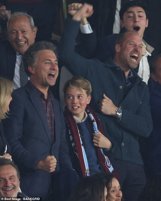 Prince William was surrounded by old friends - including Thomas von Straubenzee, 42, pictured left, at a football match in April