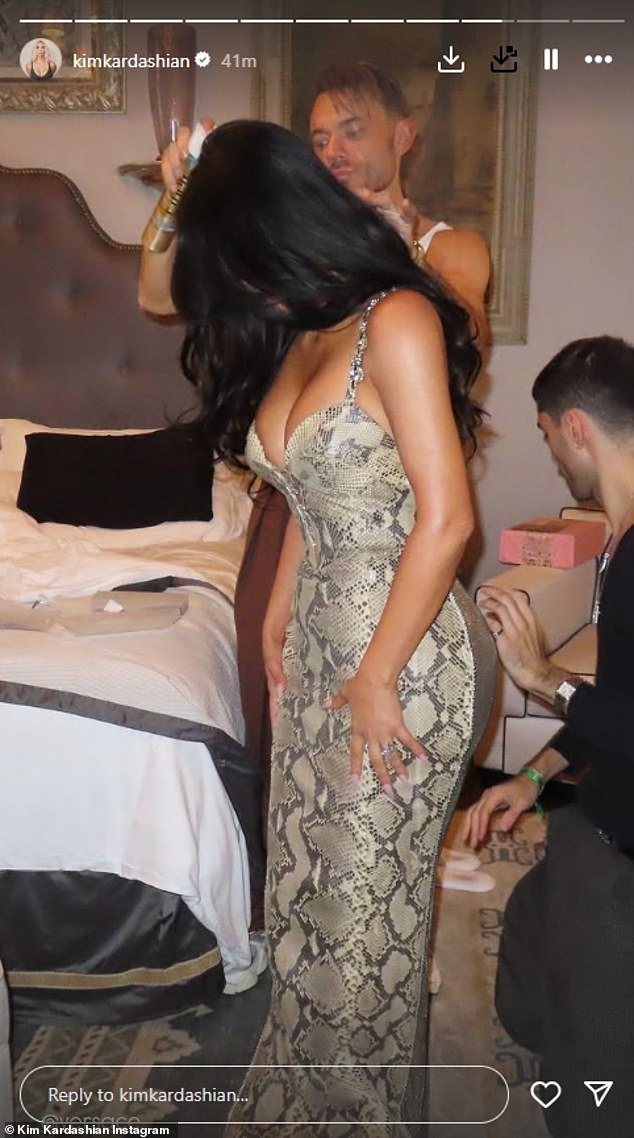 Also on Thursday, Kim jumped to her Instagram stories to share a few snaps as she got ready for the star-studded party in preparation of the wedding ceremony