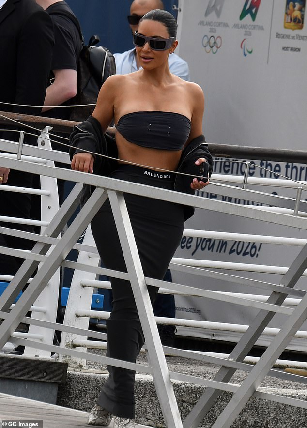 Earlier in the day, Kim - who has been promoting her upcoming Roberto Cavalli x SKIMS collection - was seen arriving to the city of Venice in a Balenciaga ensemble