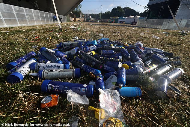Nitrous oxide canisters left on the grass this morning as the Glastonbury Festival continues