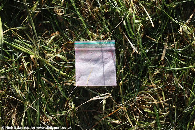 A suspicious-looking packet on the grass at the Glastonbury Festival site in Somerset today