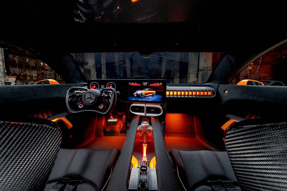 Dual digital displays (the instrument cluster 10.25 inches and the main dash display 14 inches) dominate the front of the cabin, while the steering wheel is very much in the ilk of the unit used in the AMG One hypercar.