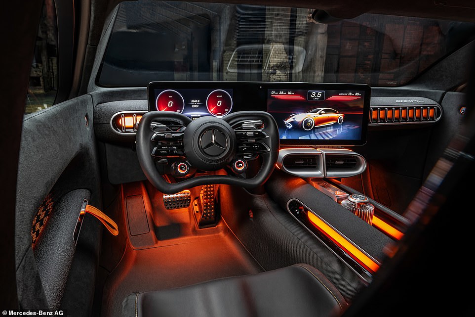 The interior is also bathed in a variety of experimental materials - some of which might not make production. This includes biotech leather reportedly made from recycled GT3 tyres, protein¿derived bio¿silk door pulls (because handles weight too much) and an exposed carbonfibre roof with no headliner
