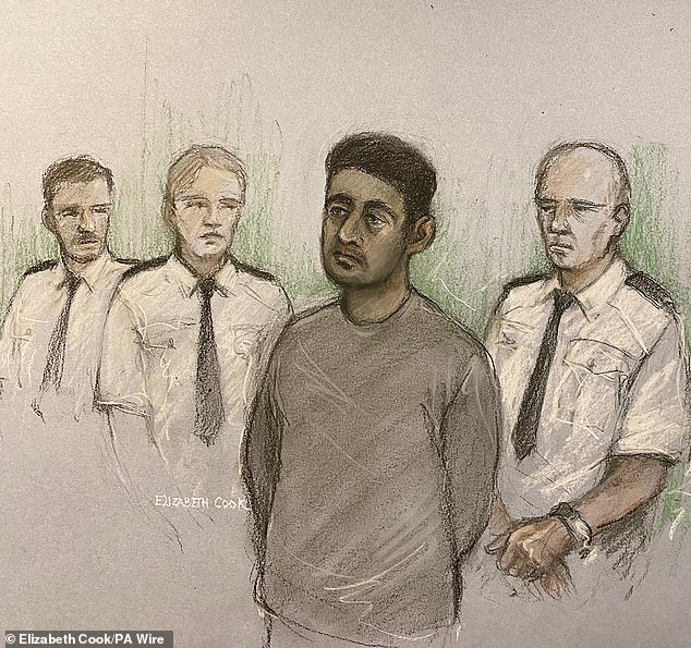 Masum ambushed his wife as she was pushing a pram with their baby in before repeatedly stabbing her and slitting her throat (he is seen pictured at Bradford Crown Court in a sketch)
