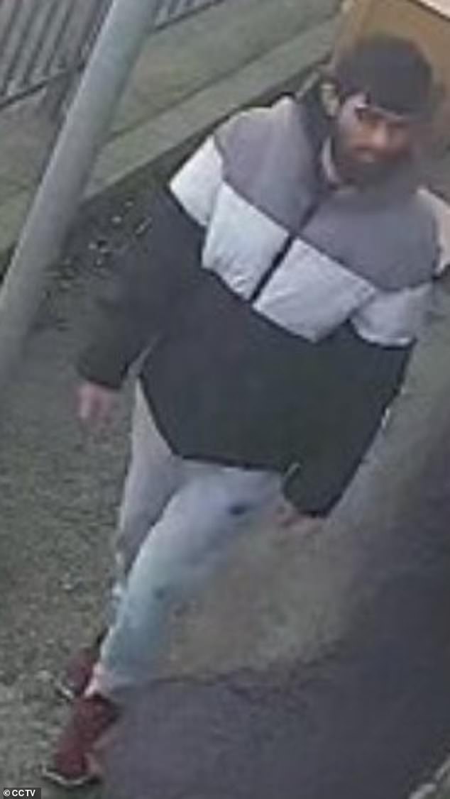 CCTV of Masum from Sunday April 7 2024. He is pictured wearing a duffle coat, tracksuit bottoms with a small black emblem on the left pocket and maroon trainers