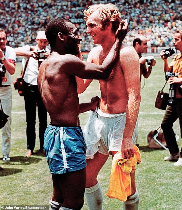 A host of big names across the sporting world have backed the new campaign (pictured: Moore swapping shirts with Brazil icon Pele at the 1970 World Cup)