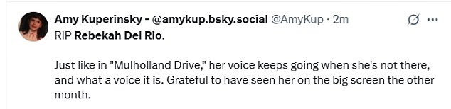 Supporters of Rebekah took to X after her passing to pay tribute. 'Just like in Mullholland Drive, her voice keeps going when she's not here', one wrote