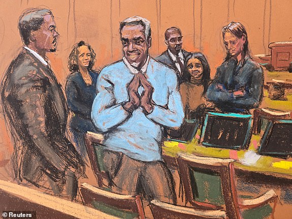 Sean "Diddy" Combs gestures during his sex trafficking trial in New York City, New York, U.S., June 26, 2025 in this courtroom sketch. REUTERS/Jane Rosenberg