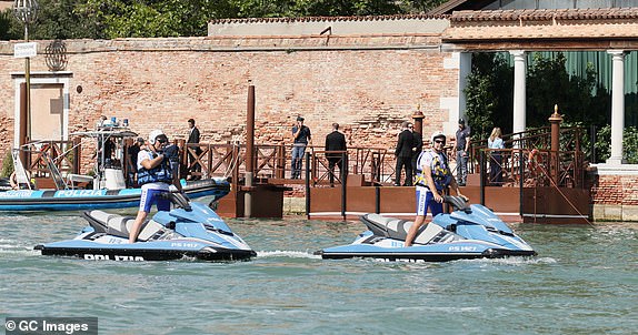 VENICE, ITALY - JUNE 27: Police officers on patrol on jet skis during the Jeff Bezos and Lauren Sanchez Wedding on June 27, 2025 in Venice, Italy. (Photo by Ernesto Ruscio/GC Images)