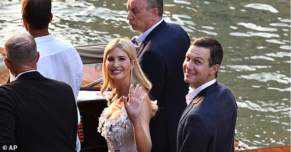 US President Donald Trump's daughter Ivanka Trump, center, waves as she and her husband Jared Kushner, right, arrive in Venice, Italy, Thursday, June 26, 2025, ahead of Jeff Bezos' wedding. (AP Photo/Luigi Costantini)