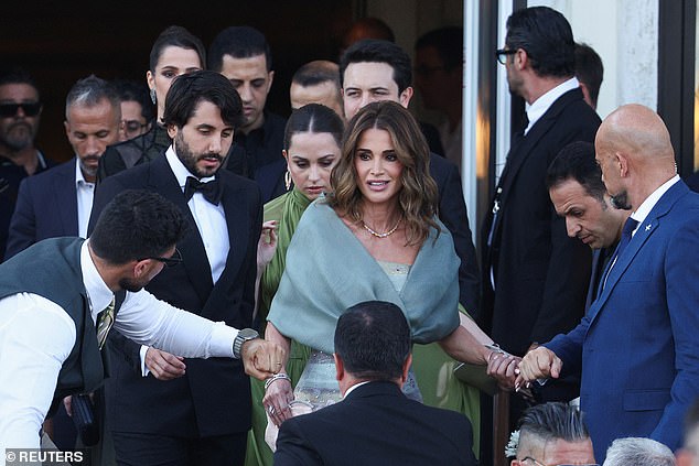 Jordan's Queen Rania Al Abdullah leaves the St. Regis hotel, on the second day of the wedding festivities of Amazon founder Jeff Bezos and journalist Lauren Sanchez, in Venice, Italy, June 27, 2025