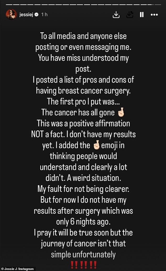 Speaking about the misunderstanding she wrote: 'I posted a list of pros and cons of having breast cancer surgery. The first pro I put was... the cancer has all gone'
