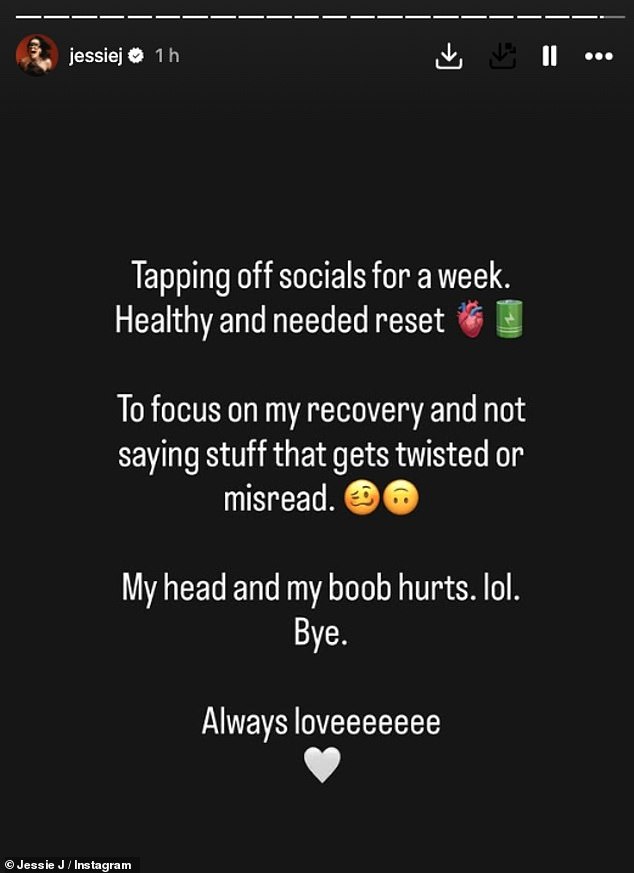 Later Jessie said: 'Tapping off socials for a week. Healthy and needed reset. To focus on my recovery and saying stuff that gets twisted of misread'