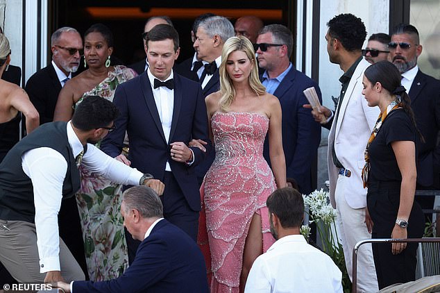 Ivanka Trump stepped out with her husband Jared Kushner while wearing a stunning, heavily embellished pink strapless floral gown with a thigh-baring slit