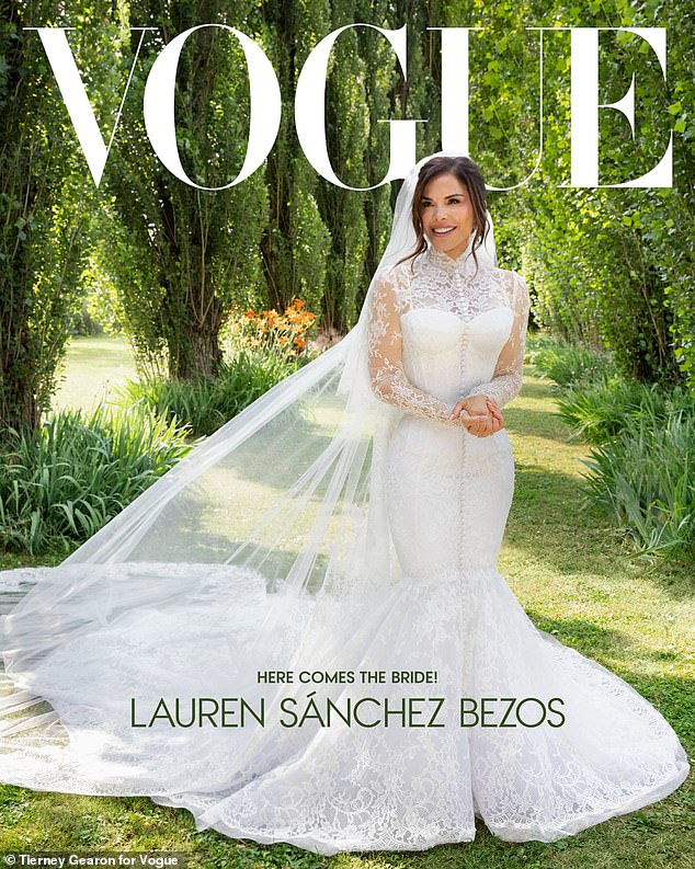 The dress contained lacy, floral sleeves, a tight bodice, high neckline, long flowing skirt with enormous train, and buttons down the front