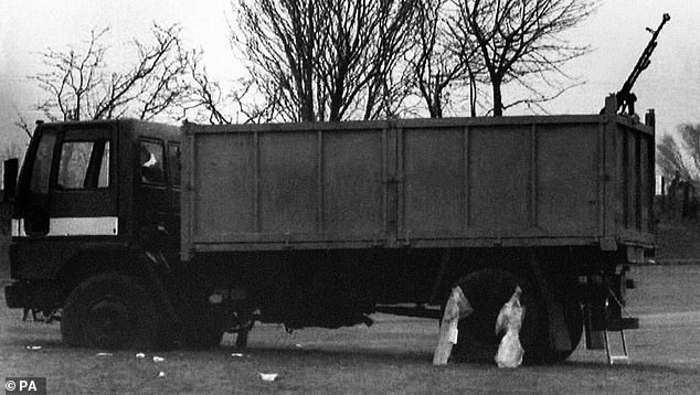 An inquest ruled earlier this year that a Special Air Service squad used unjustified force to kill four IRA terrorists who had used a mounted machine gun to shoot up a police station in 1992 (pictured is the truck with its mounted machine gun, rear)