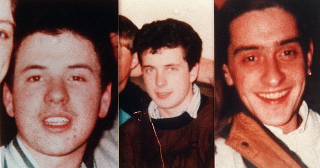 Peter Clancy, Kevin Barry O'Donnell and Sean O 'Farrell (pictured left to right) were shot dead by SAS soldiers in 1992. They were all members of the IRA and had used a machine gun mounted on a lorry to shoot up a police station