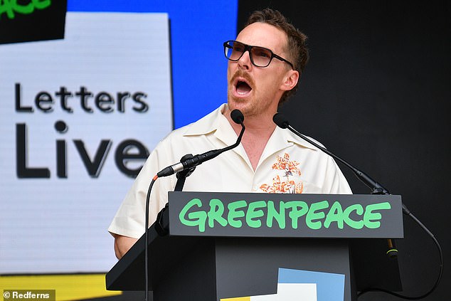 Moustachioed Sherlock star Benedict Cumberbatch, 48, read out letters from around the world in the Greenpeace area in a feature called 'Letters Live'