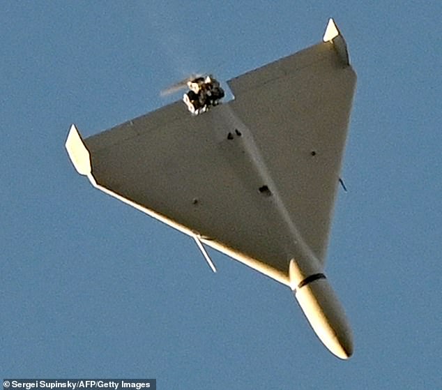 A drone flies over Kyiv during a Russian attack on Oct. 17, 2022
