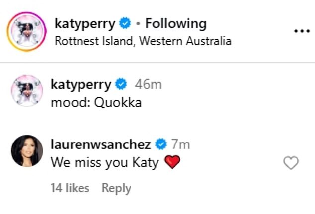 Sanchez also sent a sweet message back, saying 'We miss you Katy'