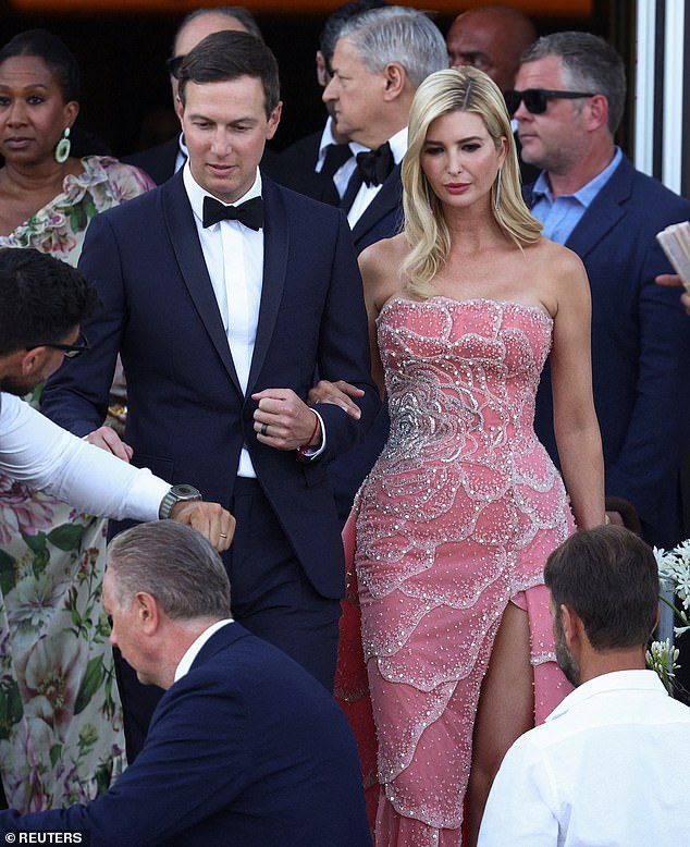 Ivanka Trump stepped out with her husband Jared Kushner for the wedding, wearing a stunning, heavily embellished pink strapless floral gown with a thigh-baring slit