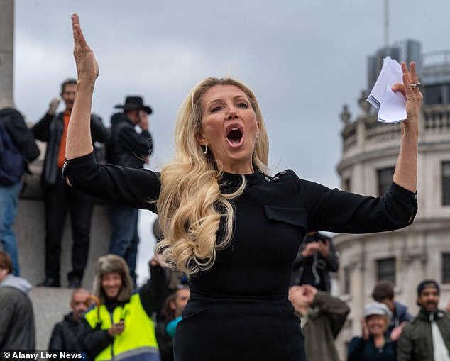 Kate Shemirani at an anti-vaccine protest in 2020. Only those who supported her twisted views were allowed to attend her daughter’s funeral last year