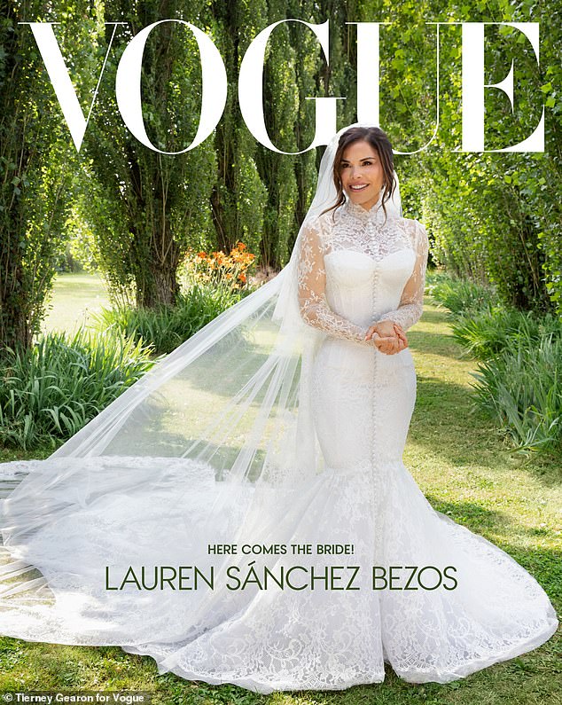 The dress contained lacy, floral sleeves, a tight bodice, high neckline, long flowing skirt with enormous train, and buttons down the front