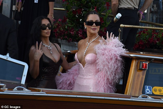 Kim Kardashian and Khloe Kardashian sighting ahead of the Jeff Bezos and Lauren Sanchez wedding on the island of San Giorgio Maggiore on June 27, 2025 in Venice