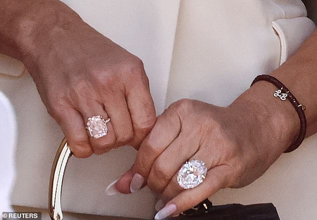 Courtesy of celebrity jeweler Lorraine Schwartz, Sanchez's ring (pictured) is believed to be around 30 carats - valued between $1.5 million and $3 million