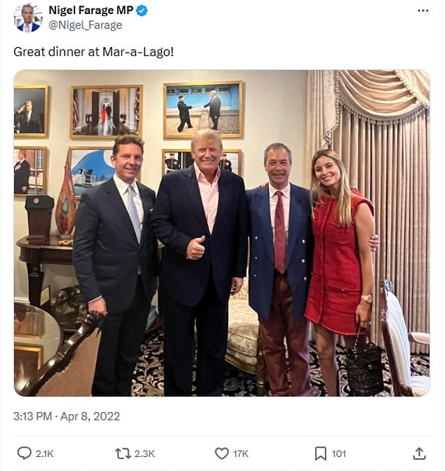 As far ago as 2022 the former couple joined Farage and then incoming US president Donald Trump for dinner at his Mar-a-Lago resort in Florid