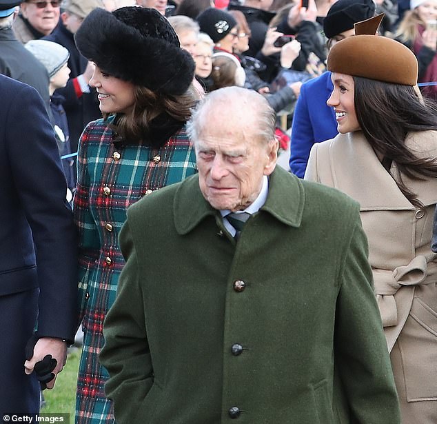 Philip with Meghan close behind at the 2017 Christmas Day service at Church of St Mary Magdalene