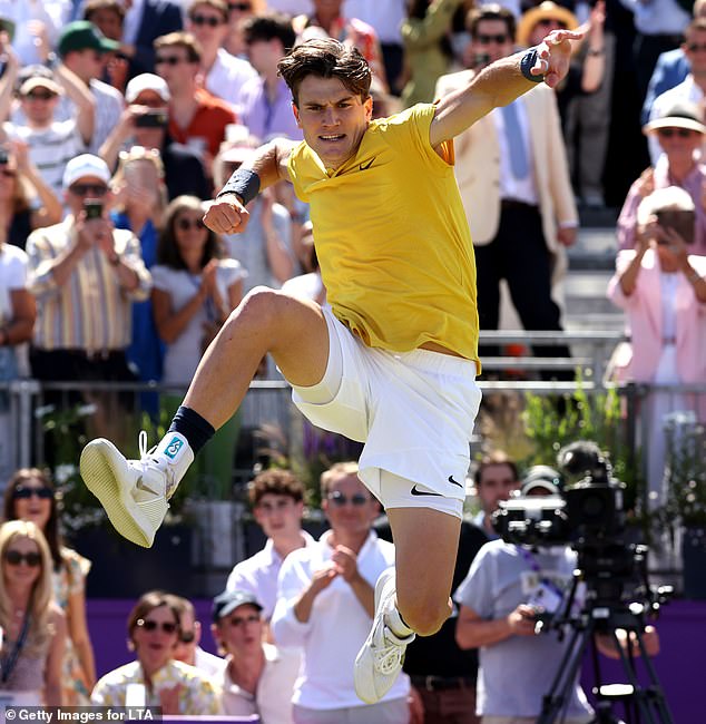 Jack jumps for joy after a brilliant victory over Spain's Carlos Alcaraz at Queen's last year
