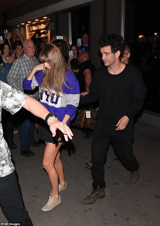 During his set, Matty, who briefly dated popstar Taylor Swift in 2023, claimed to be his generation's 'best songwriter' in a tongue and cheek moment [pictured with Taylor in 2023]