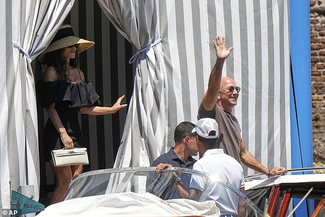 Lauren Sanchez and Jeff Bezos leave their hotel in Venice, Italy, Saturday,June 28