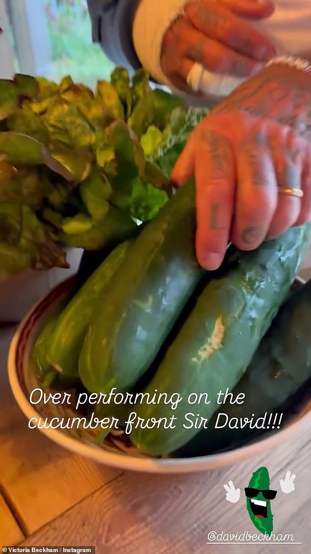 Filming her love before zooming in on his sizable produce, Victoria said: 'So this is this weekend's vegetable content. Look, he's overperforming on the cucumber front!'
