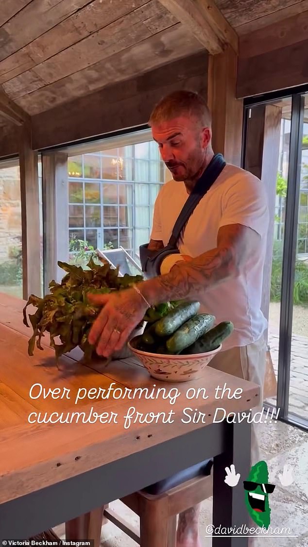 In a video shared to the 51-year-old Spice Girl's Instagram stories, the sportsman could be seen inspecting his impressive garden haul.
