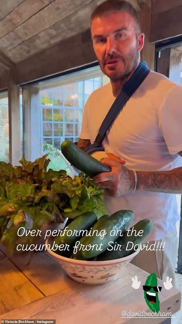 And at the weekend, David looked to be on the mend as he showed off his batch of homegrown vegetables, while also making a cheeky innuendo towards his wife