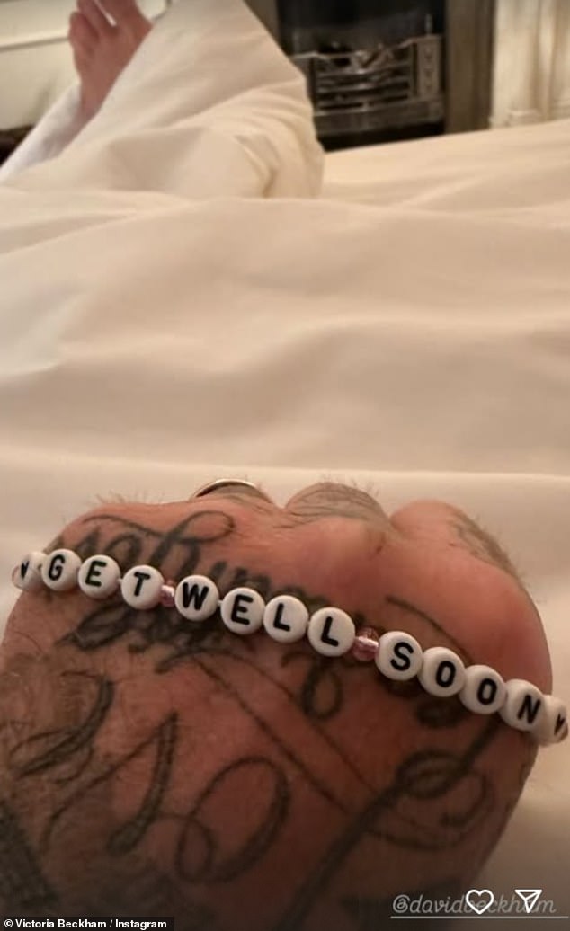 It comes after the fashion designer posted a message of support on Instagram as he husband recovered in hospital. A second photo showed David with a bracelet that read: 'Get well soon'