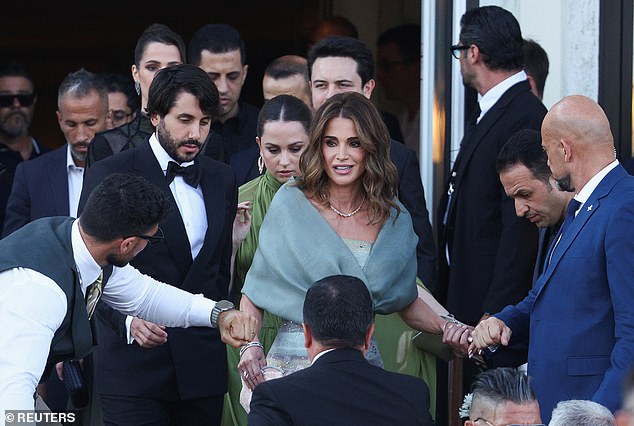 Jordan's Queen Rania Al Abdullah leaves the St. Regis hotel, on the second day of the wedding festivities of Amazon founder Jeff Bezos and journalist Lauren Sanchez, in Venice, Italy, June 27, 2025