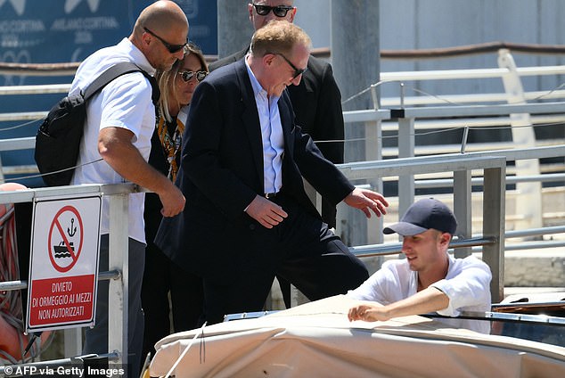 Kering CEO François-Henri Pinault gets on a boat at Venice Marco Polo airport ahead of Jeff Bezos' wedding on June 27, 2025